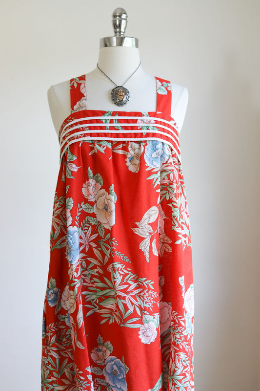 Vintage 1970s Dress - COMFY + STYLISH Tomato Red Soft Blues Border Print Floral Cotton Blend Kaftan Sundress Size XS to L
