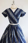 Vintage 1950s Dress - STRIKING Blue Ecru Chartreuse Green Bias Print Cotton Nelly Don Dress Size L