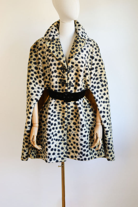 RESERVED! ON HOLD! Vintage 1960s Cape Coat - Gorgeous Leopard Print Faux Fur Fuzzy Cloak w Frog Closures Size S to XL