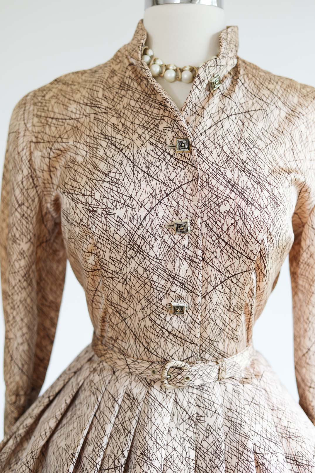 Vintage 1950s Dress - SPECTACULAR Rosy Cream + Chocolate Belted Silk Shirtwaist w Sketchy Print Size S