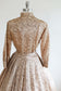 Vintage 1950s Dress - SPECTACULAR Rosy Cream + Chocolate Belted Silk Shirtwaist w Sketchy Print Size S