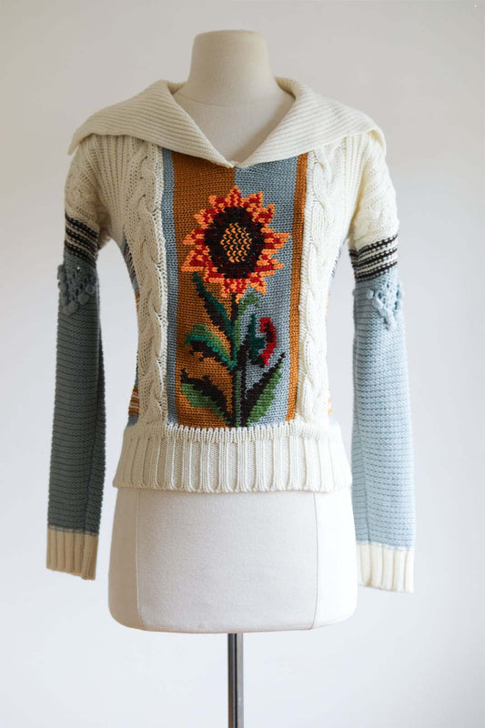 Vintage 1970s Sweater - Super Cute Hippie Boho Bobble Knit Pullover Top w Sunflower Novelty Size XS to M