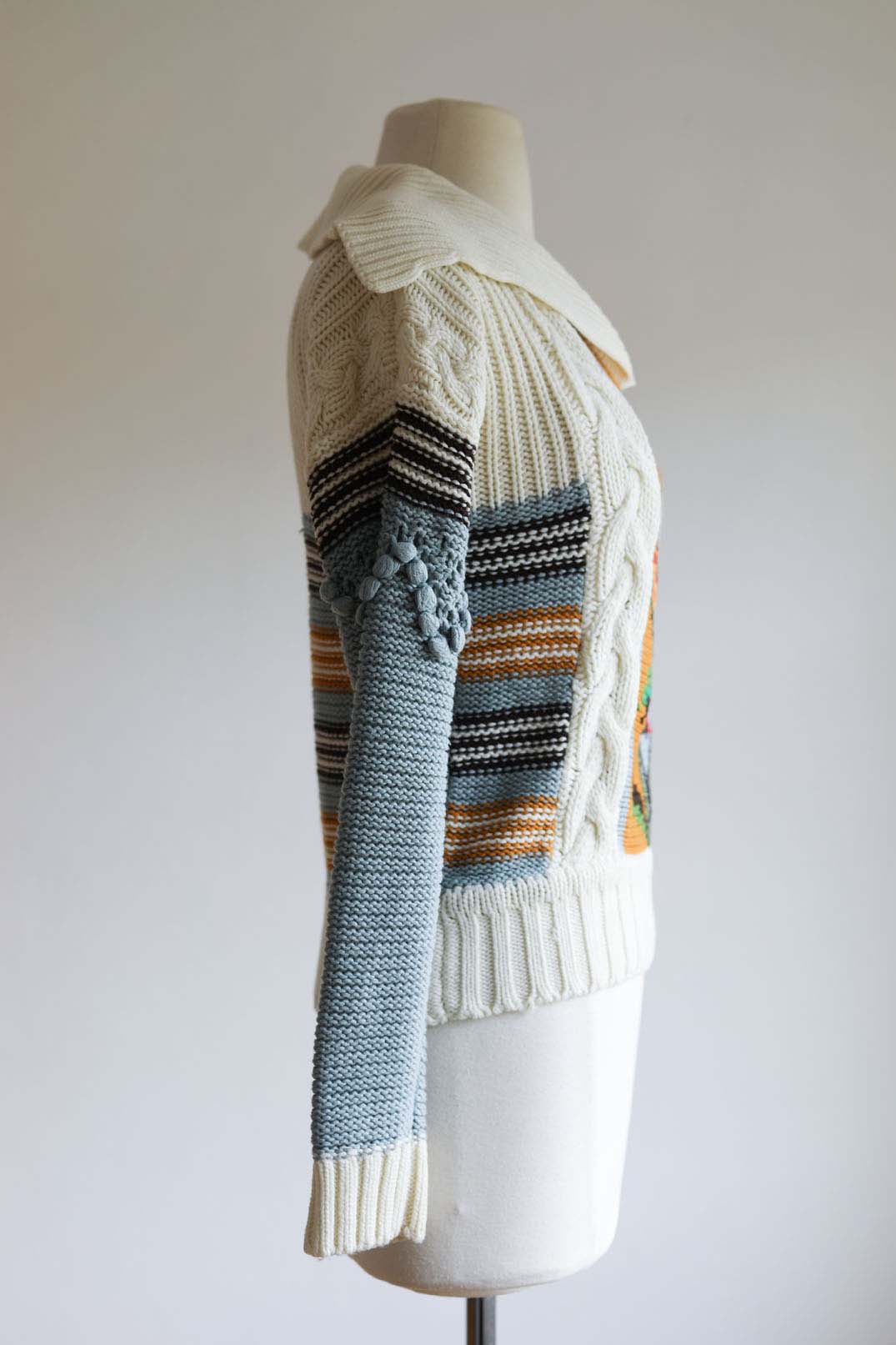 Vintage 1970s Sweater - Super Cute Hippie Boho Bobble Knit Pullover Top w Sunflower Novelty Size XS to M