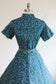 Vintage 1950s Dress - DEADSTOCK Penney's Teal Blue Black White Print Cotton Coat Dress w Lucite Size L - XL