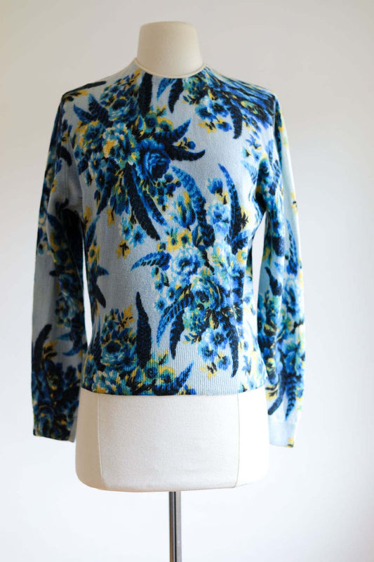 Vintage 1960s Sweater - Darlene? Lambswool Wool Pullover Top Blue Roses + Feather Print Size M to XL