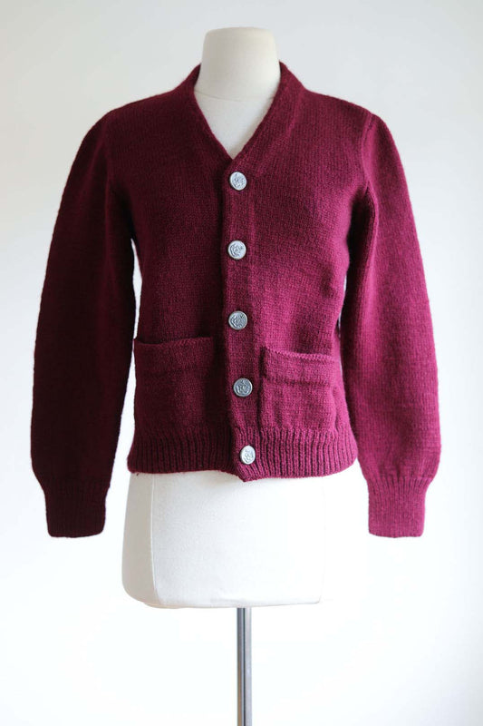 Vintage 1940s Sweater - Wine Red Wool Dark Academia Cardigan w Metal Buttons + Pockets Size XS to M