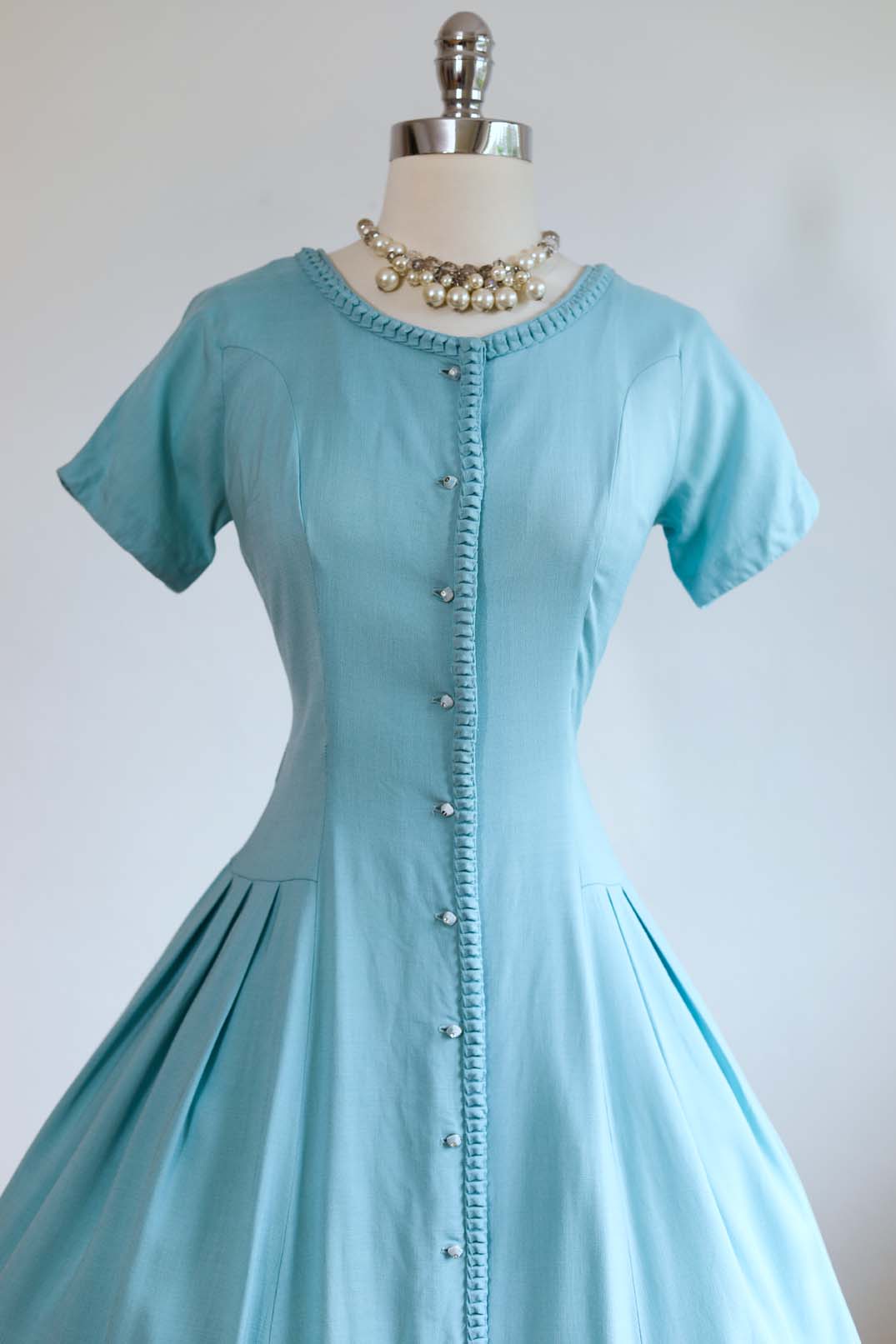 Vintage 1950s Dress - STUNNING Robin's Egg Blue Butcher Linen Johnnye Princess Dress Size M