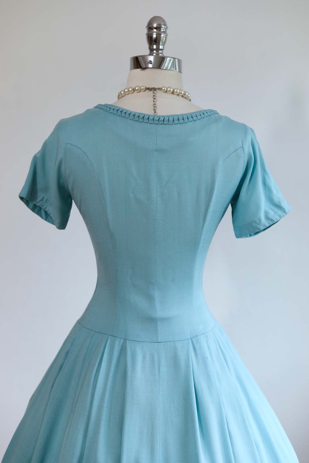 Vintage 1950s Dress - STUNNING Robin's Egg Blue Butcher Linen Johnnye Princess Dress Size M