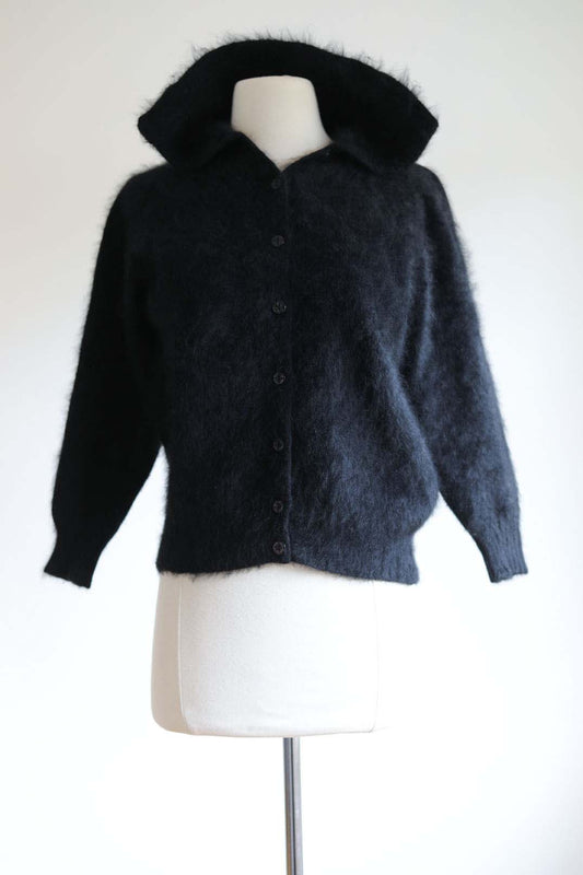 Vintage 1950s Angora Sweater - Rare Black Fuzzy "Kitten" Cardigan Bombshell Dream Size S to L