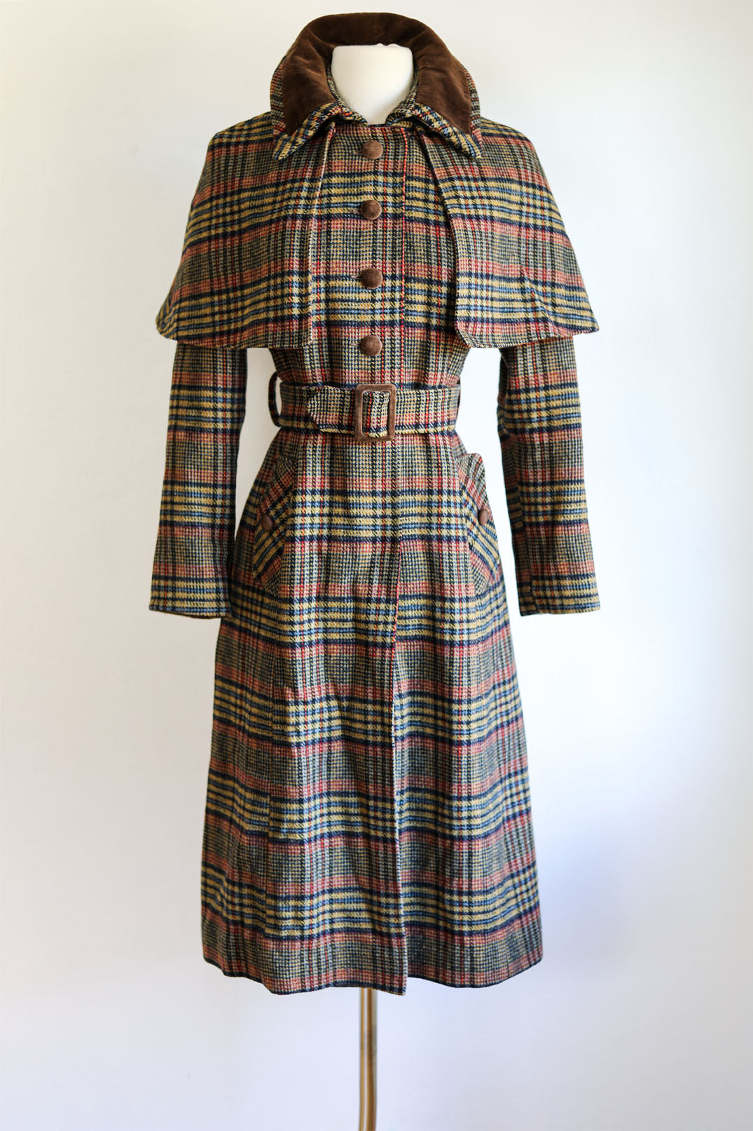 Vintage 1960s - 1970s Princess Coat w Cape - RARE Sherlock Holmes Plaid Wool + Velvet Belted Cloak Coat Size XS to S