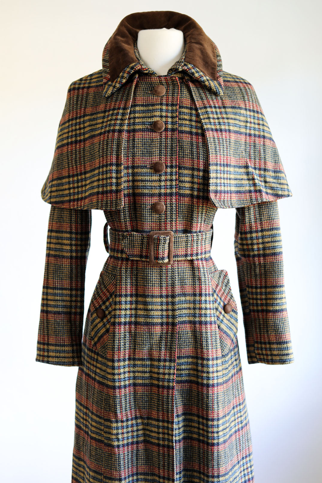 Vintage 1960s - 1970s Princess Coat w Cape - RARE Sherlock Holmes Plaid Wool + Velvet Belted Cloak Coat Size XS to S