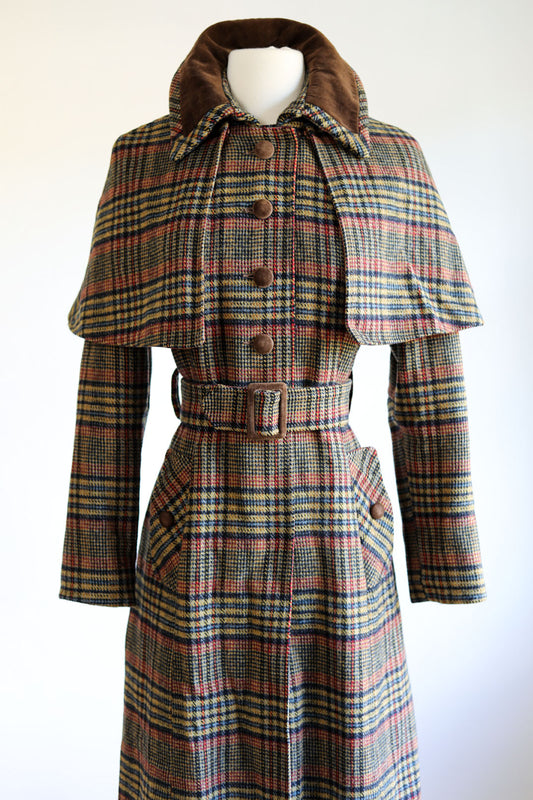 Vintage 1960s - 1970s Princess Coat w Cape - RARE Sherlock Holmes Plaid Wool + Velvet Belted Cloak Coat Size XS to S