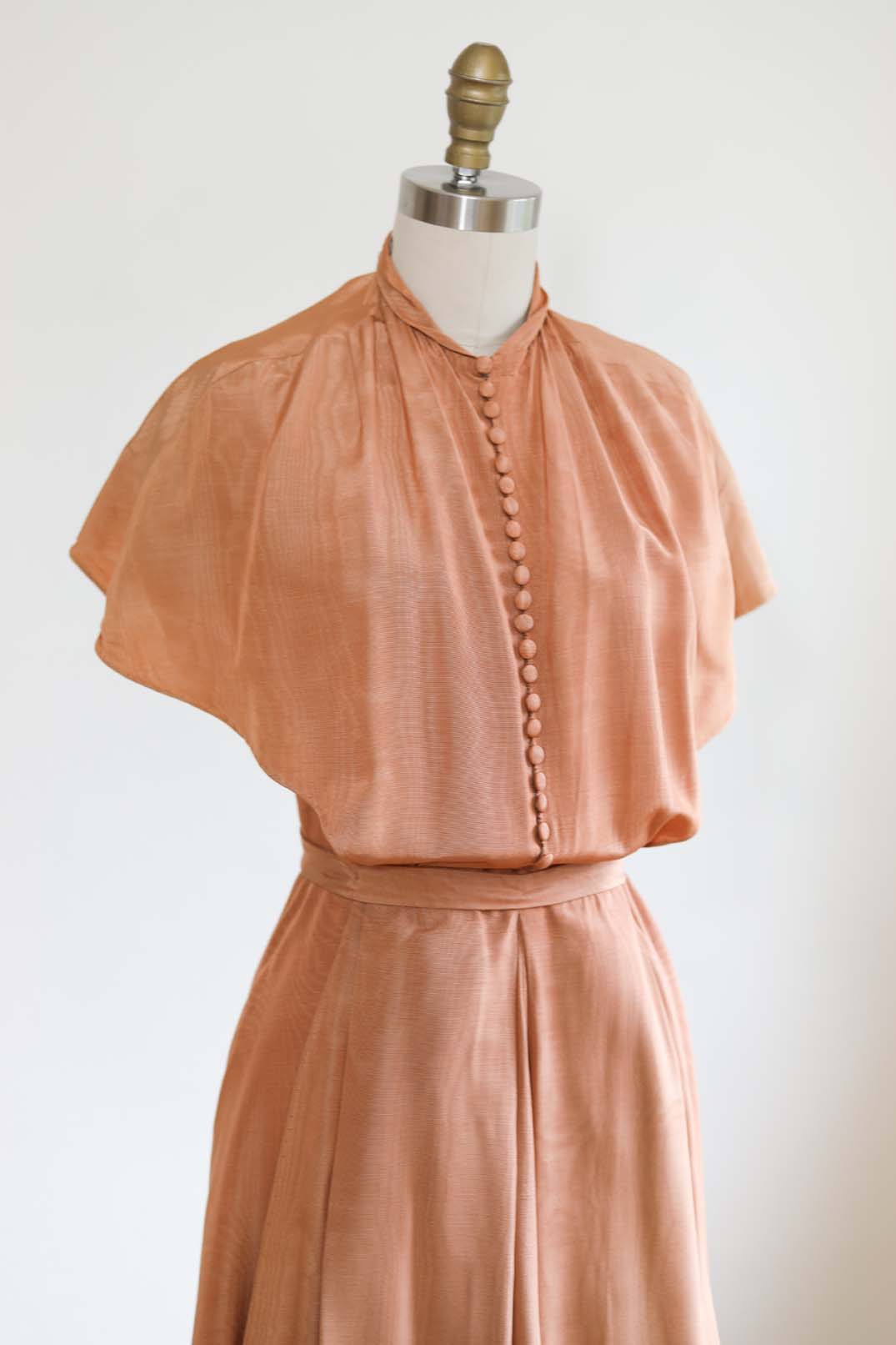 Vintage 1940s Dress - INCREDIBLE Rosy-Copper Burlwood Pattern Moire Swing Frock w Belt-Back Overdress Size XS