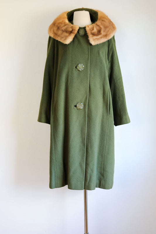 Vintage 1950s to 1960s Luxury Cashmere + Fur Coat - Olive Green w Blonde Mink Fancy Button Swing Overcoat Size M to L