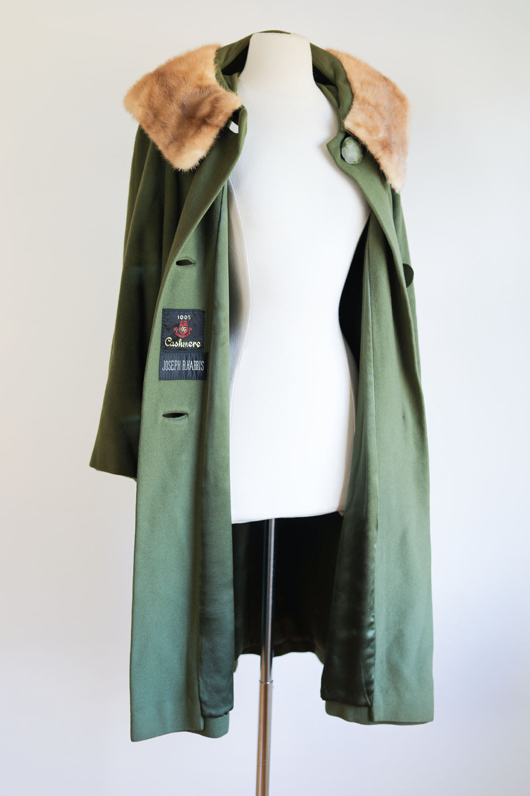 Vintage 1950s to 1960s Luxury Cashmere + Fur Coat - Olive Green w Blonde Mink Fancy Button Swing Overcoat Size M to L