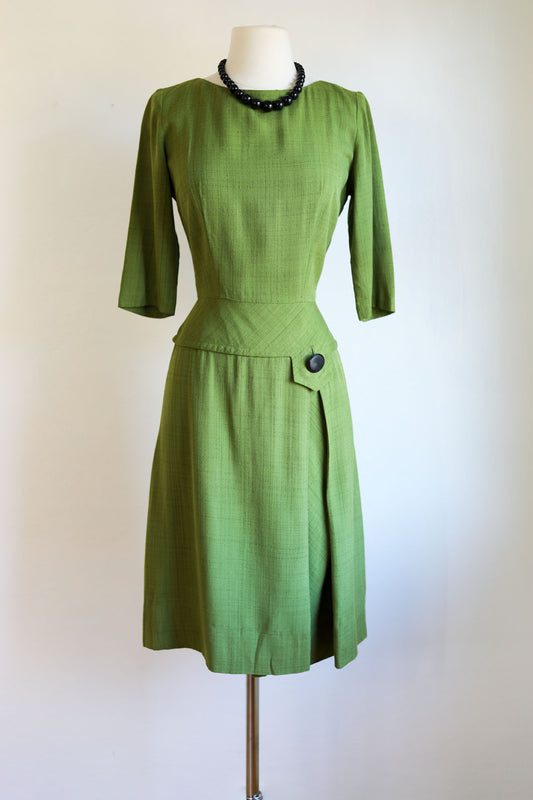 Vintage 1960s Dress - Bright Olive Green Designer Slubbed Cocktail Party Dress w Bakelite Size S