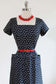 Vintage 1950s Dress - TURBO POCKET Navy + Cream Polka Dot Cocktail w Sweeping Fishtail Rear Size M