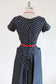 Vintage 1950s Dress - TURBO POCKET Navy + Cream Polka Dot Cocktail w Sweeping Fishtail Rear Size M