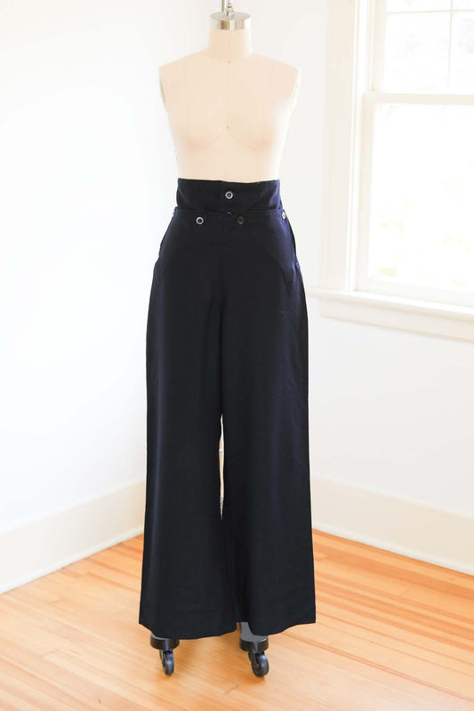 Rare Style 1940s Lace Up Sailor Trousers - Vintage WWII Australian Navy Wool Gabardine Corset Sailor Pants High Waists Belled Hems - Choose Your Size!