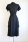 Vintage 1940s Dress - Big Shoulder Sweetheart w Layered Leaves Black Rayon Belted Dress Size M
