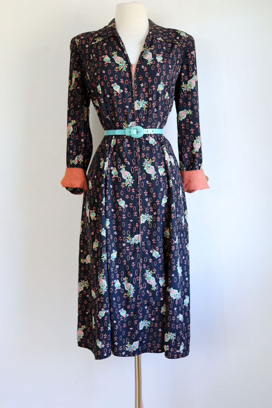 Vintage 1940s Dressing Gown - Volup Black Cold Rayon w Colorful Heart + Hoop Novelty Print Boudoir Dress Size L to XL