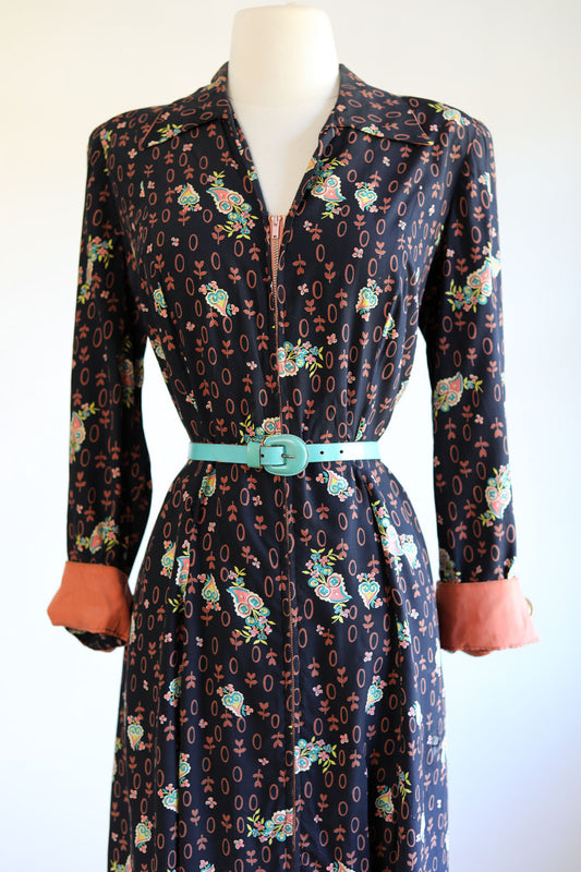 Vintage 1940s Dressing Gown - Volup Black Cold Rayon w Colorful Heart + Hoop Novelty Print Boudoir Dress Size L to XL