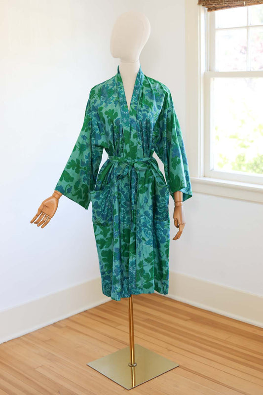 Vintage 1960s Thai Silk Wrapper Robe - GLOWING MERMAID Green + Aqua Mums Glam Dressing Gown w Belt Fits XS to L