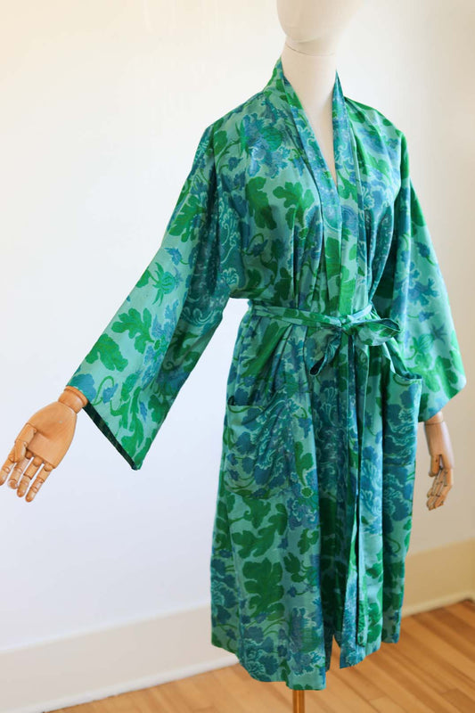 Vintage 1960s Thai Silk Wrapper Robe - GLOWING MERMAID Green + Aqua Mums Glam Dressing Gown w Belt Fits XS to L