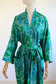 Vintage 1960s Thai Silk Wrapper Robe - GLOWING MERMAID Green + Aqua Mums Glam Dressing Gown w Belt Fits XS to L