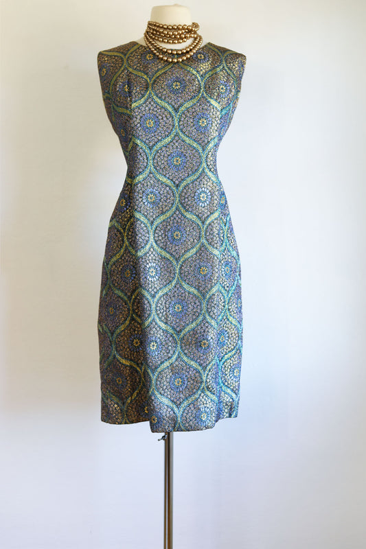 Vintage 1960s Cocktail Dress - Volup Shimmery Metallic Lurex Peacock Colors Midcentury Mod Dress Size L to XL