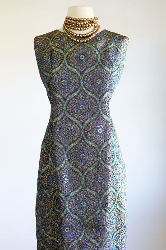 Vintage 1960s Cocktail Dress - Volup Shimmery Metallic Lurex Peacock Colors Midcentury Mod Dress Size L to XL