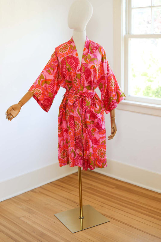 Vintage 1960s Thai Silk Wrapper Robe - SHOCKING PINK Moth Print Novelty Glam Dressing Gown w Belt Fits XS to L