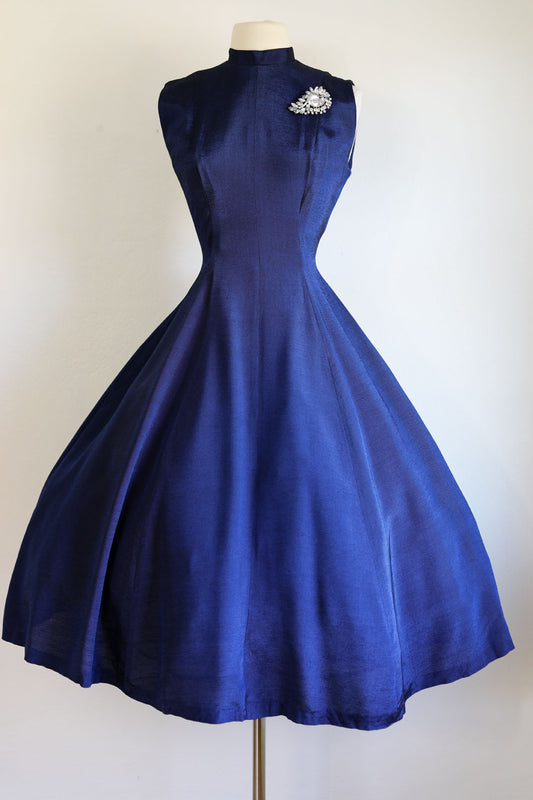 Vintage 1950s Party Dress - Striking Sapphire Blue Princess Seam Tea Length Sundress Size S to M