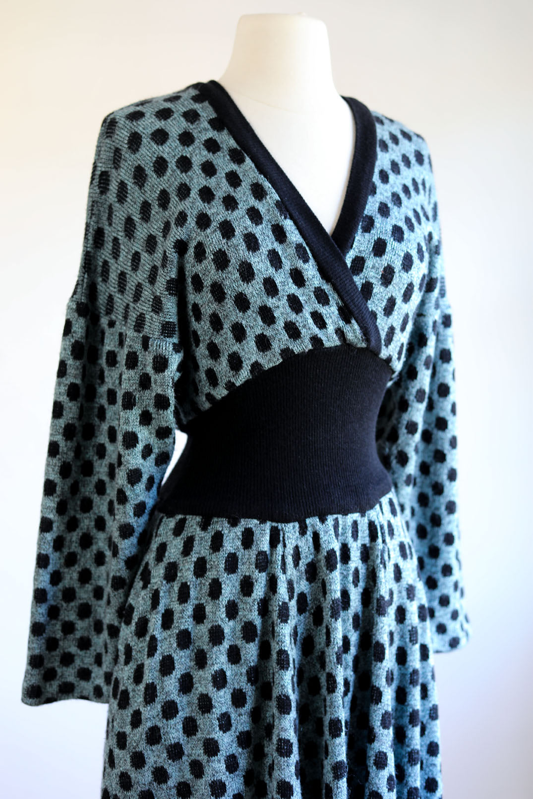 Vintage 1980s Knit Dress - Sexy Black Aqua Polka Dot Designer Knitwear Batwing Wasp Waist Size M to XL
