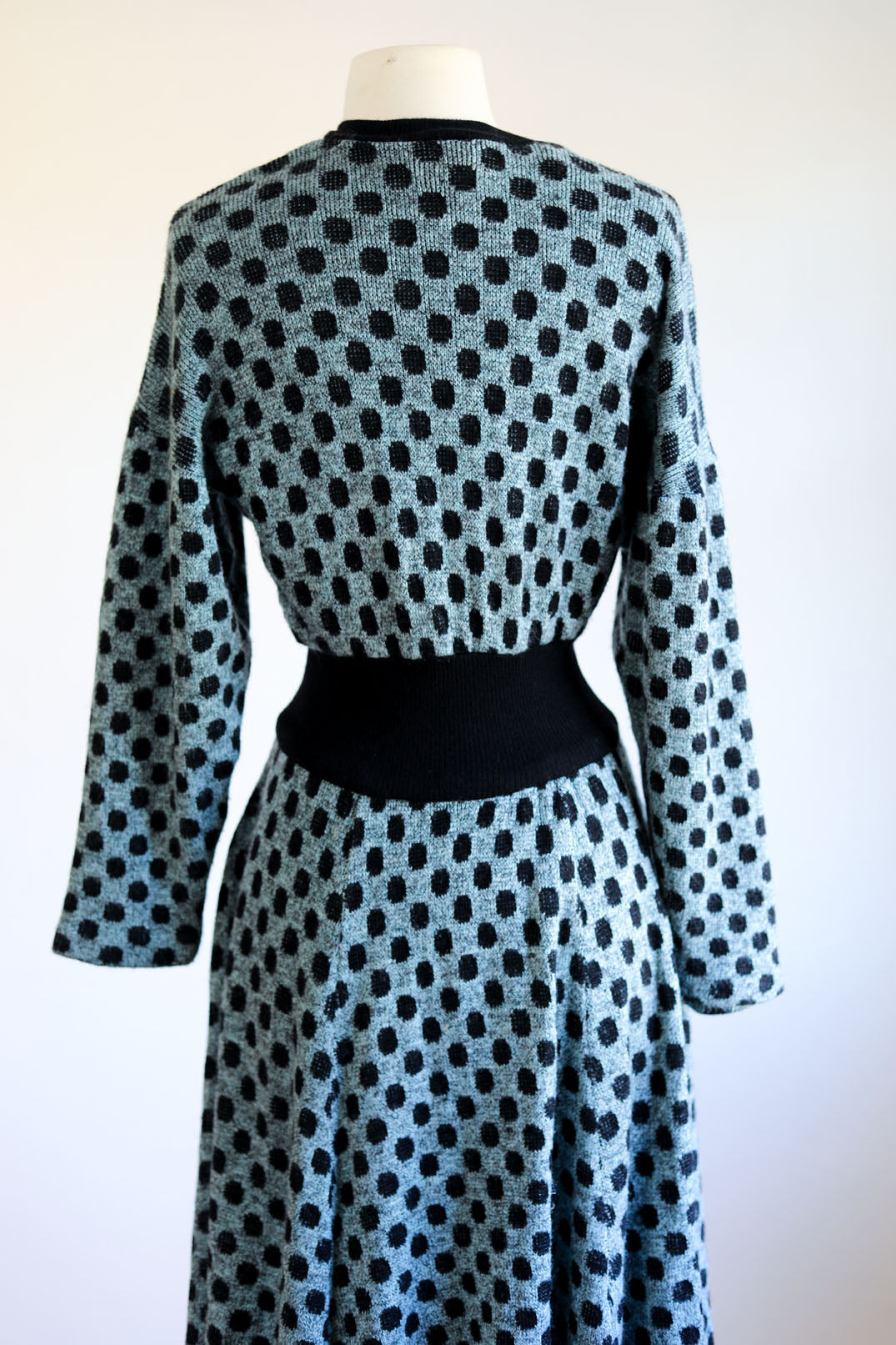 Vintage 1980s Knit Dress - Sexy Black Aqua Polka Dot Designer Knitwear Batwing Wasp Waist Size M to XL