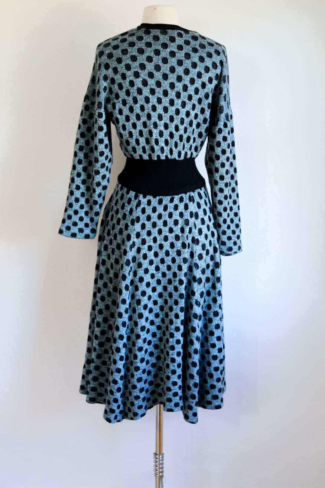 Vintage 1980s Knit Dress - Sexy Black Aqua Polka Dot Designer Knitwear Batwing Wasp Waist Size M to XL