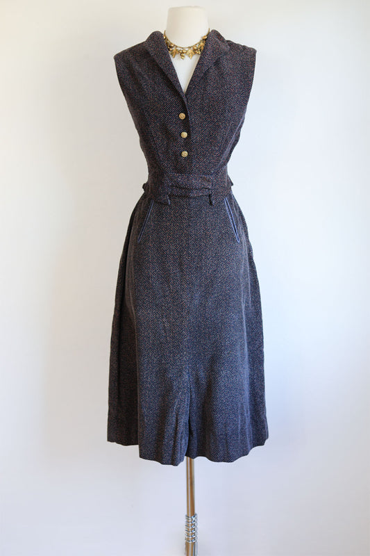 Vintage 1950s Waistcoat Suit - HTF Sporty Corduroy Blue Fleck Sculpted Vest + Skirt w Pockets Size S