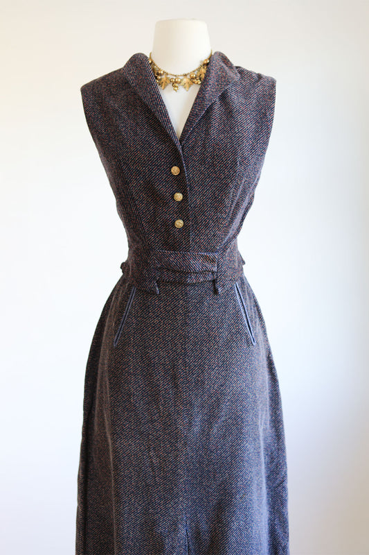 Vintage 1950s Waistcoat Suit - HTF Sporty Corduroy Blue Fleck Sculpted Vest + Skirt w Pockets Size S