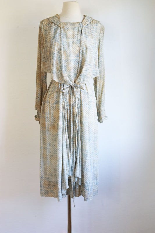 Vintage 1930s Silk Dress - Delicate yet Strong Fluttery Ivory w Blue + Gold Deco Print Gown Size M to L