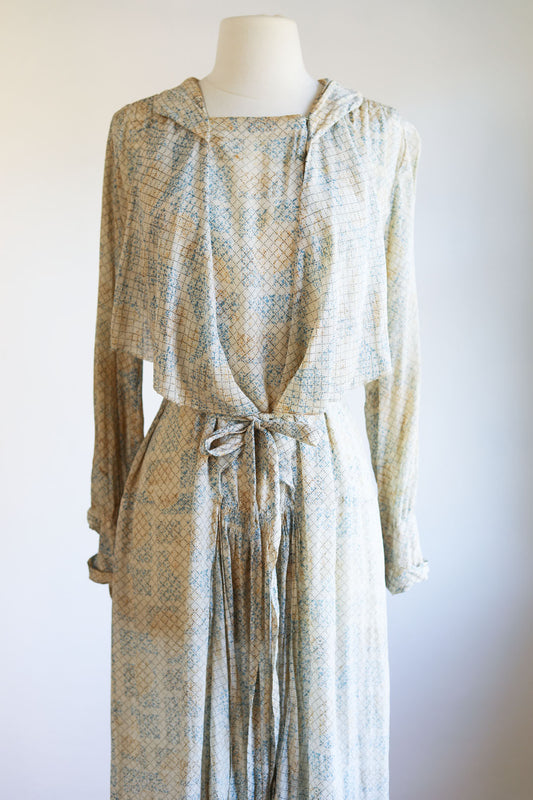 Vintage 1930s Silk Dress - Delicate yet Strong Fluttery Ivory w Blue + Gold Deco Print Gown Size M to L