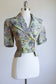 Vintage 1940s Rayon Novelty Print Blouse - OLD AUTOMOBILES, Unicycles + Fancy People Lurid Chartreuse Green + Grey Fitted Top or Jacket Size M - L