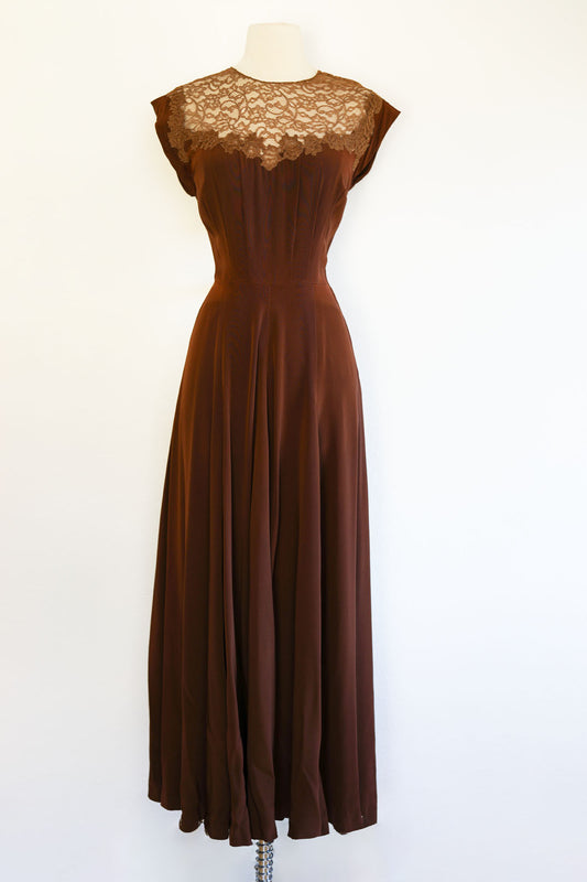 Vintage 1940s Gown - Stunning Bronze Rayon Beauty w Bare Lace Back Full Length Dress Size M