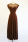 Vintage 1940s Gown - Stunning Bronze Rayon Beauty w Bare Lace Back Full Length Dress Size M