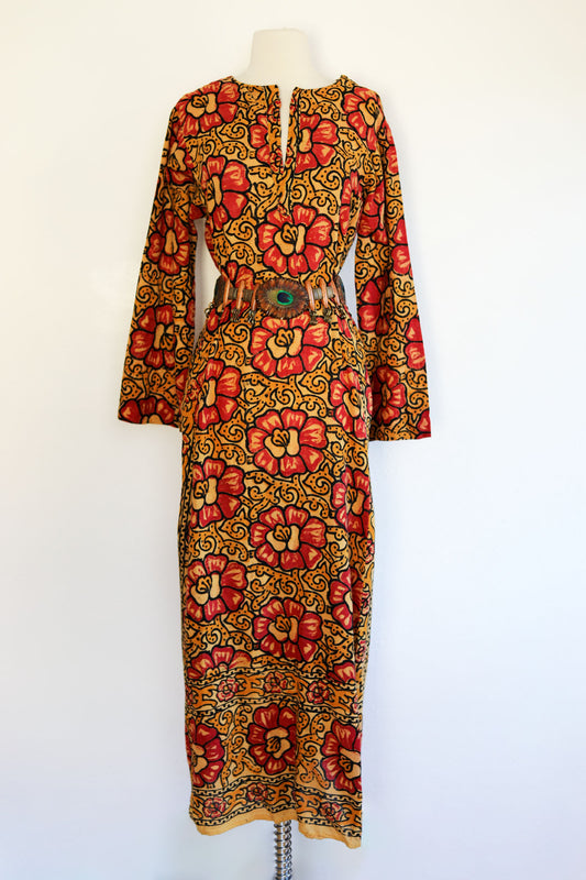 Vintage 1960s to 1970s Indian Gown - Easy-Going Block Print Floral India Cotton Maxi Kaftan Dress Size M