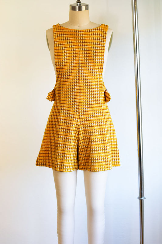 Vintage 1960s Mod Wool Romper - Mustard Cocoa Houndstooth Check w Big Brass Buckles Playsuit Size XS to S