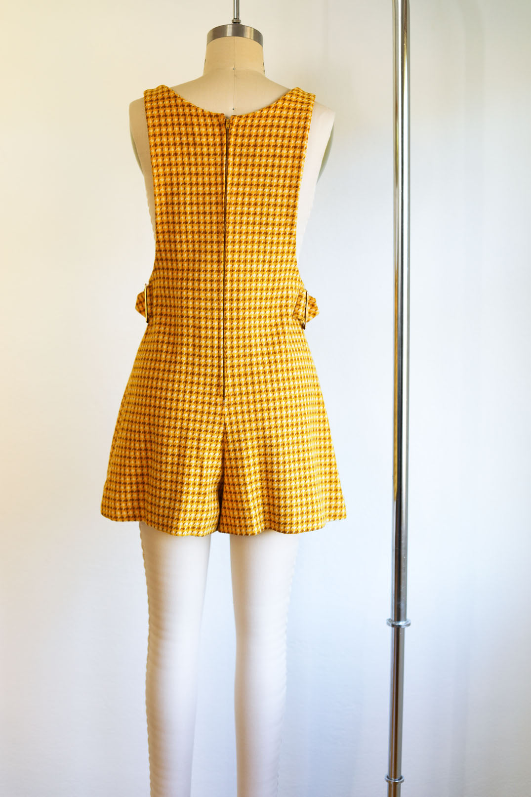 Vintage 1960s Mod Wool Romper - Mustard Cocoa Houndstooth Check w Big Brass Buckles Playsuit Size XS to S