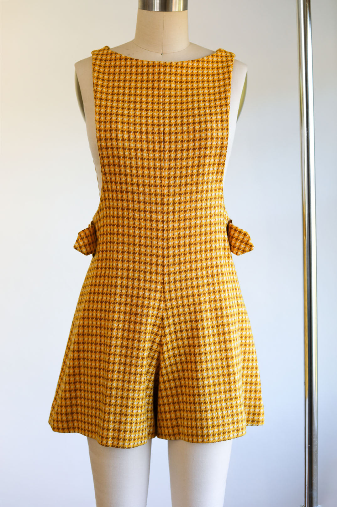 Vintage 1960s Mod Wool Romper - Mustard Cocoa Houndstooth Check w Big Brass Buckles Playsuit Size XS to S