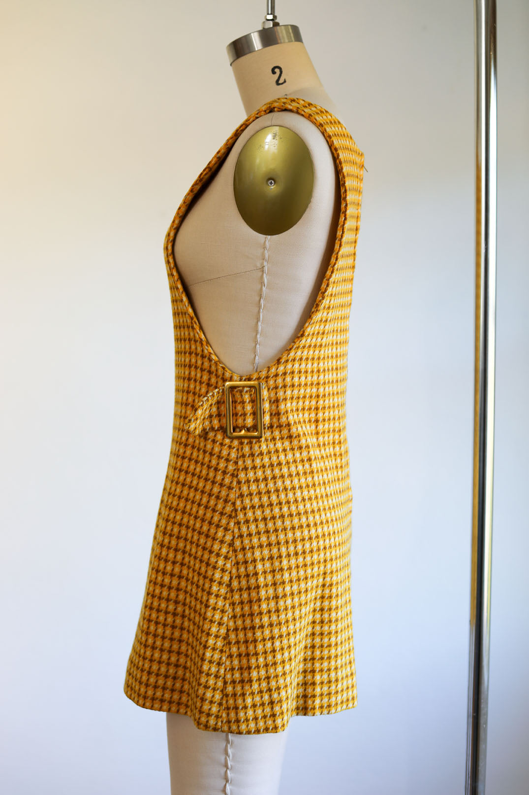 Vintage 1960s Mod Wool Romper - Mustard Cocoa Houndstooth Check w Big Brass Buckles Playsuit Size XS to S
