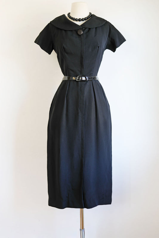 Vintage 1950s Zip-Front Dress - Bitchy Goth Austere Black Rayon w Bakelite + Pockets Size S to M