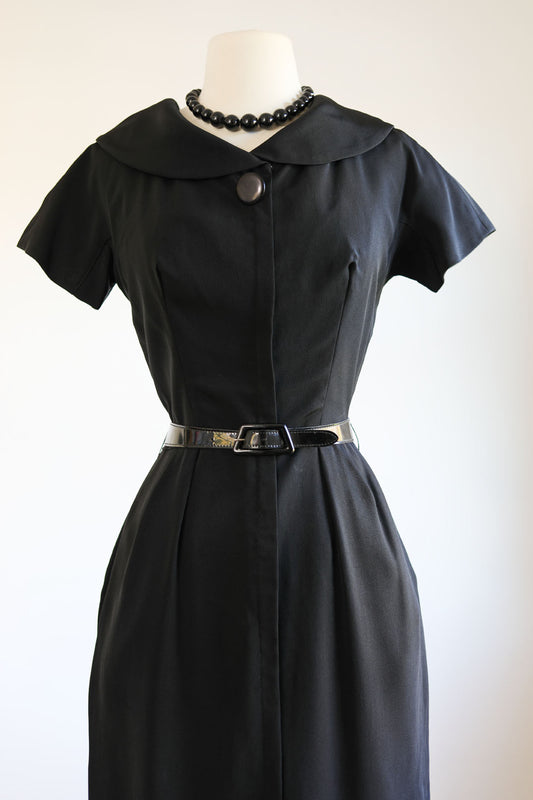 Vintage 1950s Zip-Front Dress - Bitchy Goth Austere Black Rayon w Bakelite + Pockets Size S to M